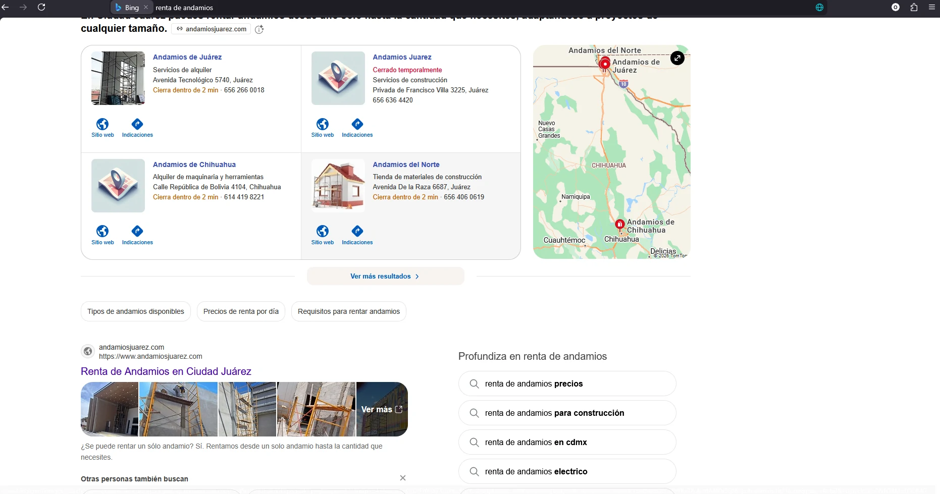 Vista de presencia web de Andamios Ju&aacute;rez